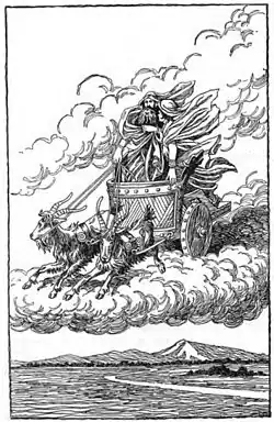 Thor en Loki in de strijdwagen getrokken door Tandgniostr en Tandgrisnir, Asgard Stories: Tales from Norse Mythology, 1901