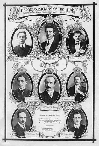 De muzikanten aan boord van de RMS Titanic, met linksbovenaan Georges Krins.