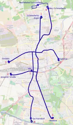 Netwerkkaart van de Tram van Cottbus