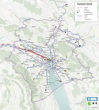 Netwerkkaart van de Tram van Zürich
