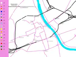 Paardentramlijnen rond 1900 met de diverse lijnkleuren.