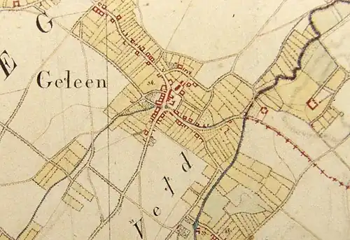 Tranchotkaart van Geleen uit 1802. De rode vierkant rechts geeft de locatie van Abshoven aan.