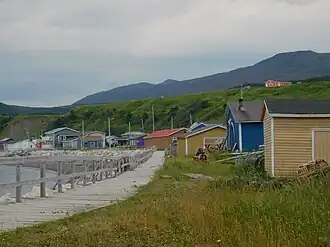 Houten wandelweg aan de kust van Trout River