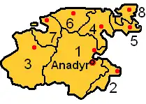 Kaart met daarin aangegeven de districten van Tsjoekotka