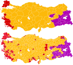 Resultaten verkregen door de HDP in de parlementsverkiezingen van november 2015 (paars), per provincie en gemeente