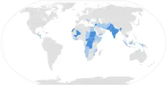 Actieve (blauw) en beëindigde (lichtblauw) vredesoperaties van de Verenigde Naties. In januari 2013 waren er veertien VN-vredesmachten actief.
