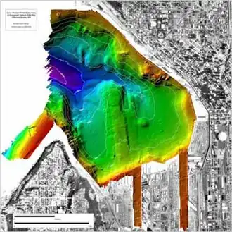 Kaart met diepte van de Elliott Bay (rood is 2 meter; paars is 180 meter)