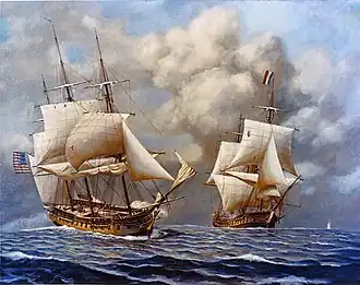 De USS Constellation (links) in gevecht met L'insurgente (rechts) op 9 februari 1799, waarbij het Franse schip uiteindelijk werd overmeesterd.