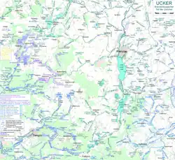 De rivier de Uecker. Linksonder op de kaart Templin en de waterwegen daaromheen.