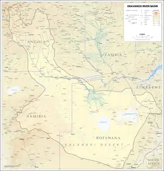 De locatie en het stroomgebied van de Okavango [klik voor vergroting]