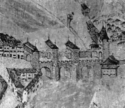 De versterkte Untertorbrücke zoals afgebeeld op een map uit 1600 van Gregorius Sickinger