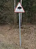 «Attentie! Land van de wisent» op een waarschuwingsbordje in het Oerbos van Białowieża.