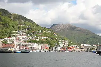 Vågen, gezien vanaf de noordelijke ingang. Links Bryggen en de driemaster Statsraad Lehmkuhl