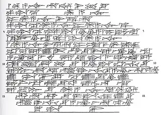 Messerschmidts lijntekening van de gedenkkegel van Aššur-rā’im-nišēšu.Cone VAT? 2764, oorspronkelijk gepubliceerd KAH 1 no. 63 (1911).