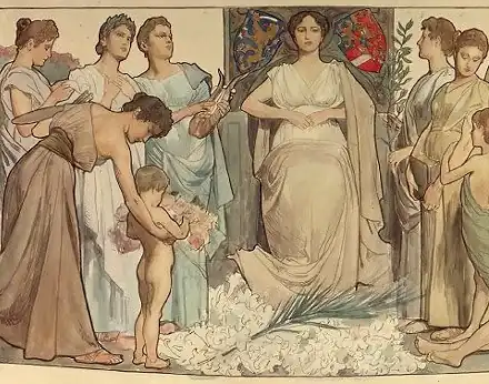 Detail van de ontwerptekening (met de Nederlandse Maagd) voor de rechterdeur van de Gouden Koets