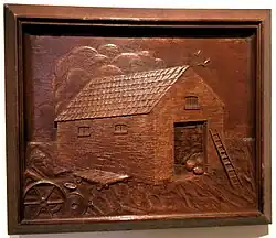 Gravure in houtreliëf, getiteld 'Van landbouwer naar fabrikant'