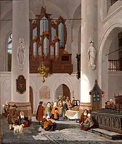 Kerkinterieur met brooduitdeling aan de armen