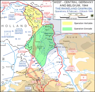 Operaties Veritable (geel) en Grenade (groen)