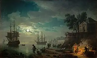 Afbeelding van het schilderij La nuit: un port de mer au clair de lune van Claude Joseph Vernet uit 1771. Het werk beeldt een havengezicht af met meerdere personen die in het maanlicht aan het vissen zijn. Aan de rechterkant staan een aantal personen rond een kampvuur. In de achtergrond zijn meerdere schepen te zien.