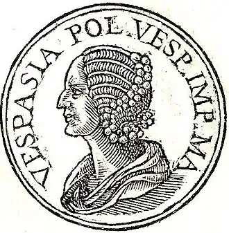 Vespasia Polla uit Promptuarii Iconum Insigniorum. De afkorting betekent: "Vespasia Polla Vespasiani Imperatoris Mater", wat betekent: Vespasia Polla, moeder van keizer Vespasianus