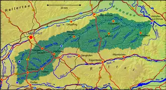Stroomgebied van de Vils; blauwe stippen: bronnen; blauw vierkantje: samenvloeiing.