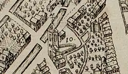 De Vrouwetoren in 1585, de kapel is dan al afgebroken (fragment stadskaart uit 1585)