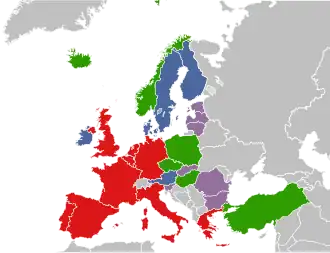 ■&nbsp;leden ■&nbsp;geassocieerde leden ■&nbsp;waarnemende landen ■&nbsp;geassocieerde partners