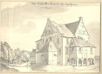Walfort in 1743; rechterzij- en achtergevel
