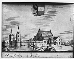 De Warffumborg of Sickinghe-borg met het wapen van de familie Sickinghe, anno 1686