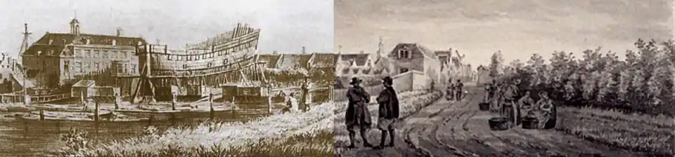 De achter het Zeemagazijn gelegen VOC-werf te Delfshaven aan de Buizenwaal in 1779, een ruime eeuw nadat Van Yk er gewerkt zou hebben. Tekening van Gerrit Groenewegen.