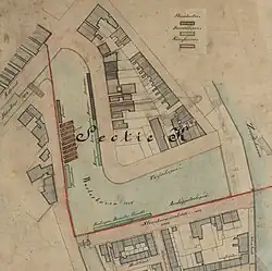 Kadastrale kaart uit ca. 1900 van de v-vormige Westerhaven met daarin aangegeven de ligplaatsen van de stoomboten, beurtschepen en korenferries. Bij elke ligplaats is de bestemming aangegeven. Linksonder het verbindingskanaal naar de sluis en rechtsonder de Zuiderhaven.