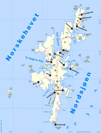 Kaart van de Shetlandeilanden met Sullom Voe bij de gele stip