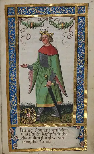 alt=Koning Koenraad IV(ca. 1510), miniatuur uit 	
Weingartener Stifterbüchlein,Württembergische Landesbibliothek (Stuttgart)