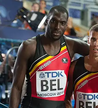 Will Oyowe als lid van de Belgische 4 x 400 m estafetteploeg op de WK 2013, Moskou.