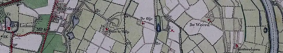 'Huis te Wilp' en omgeving anno 1832. v.l.n.r. (v. west n. oost): Kasteel de Lathmer, dorpskern Wilp, met rechts twee kolken, Huize Wilp met restanten van slotgracht, boomsingel ter plaatse van de voormalige strang, boerderij De Oye, IJssel.