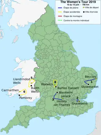 Routekaart van de The Women's Tour 2019