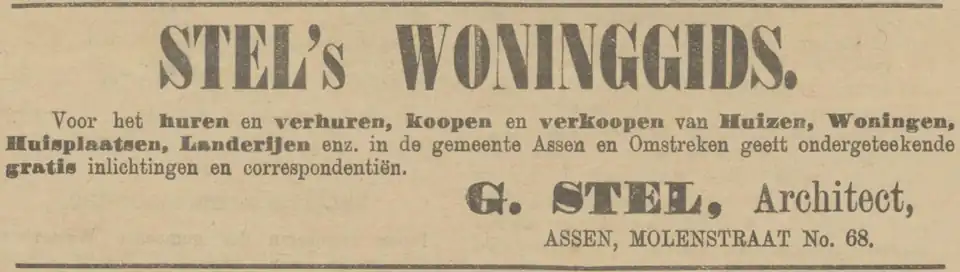 Advertentie waarin Geert Stel zich aanbiedt als 'woninggids' oftewel makelaar (1893).
