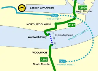Ligging van de Woolwich Ferry naast de Woolwich Foot Tunnel. Verder naar het oosten ligt de DLR-tunnel. De nieuwe Crossrail-tunnel ontbreekt