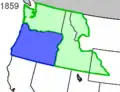 Het Washingtonterritorium (groen) en de staat Oregon (blauw) in 1859