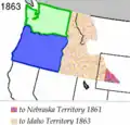 Gebieden die afgestaan werden aan het Nebraskaterritorium in 1861 (paars) en het Idahoterritorium in 1863 (bruin)
