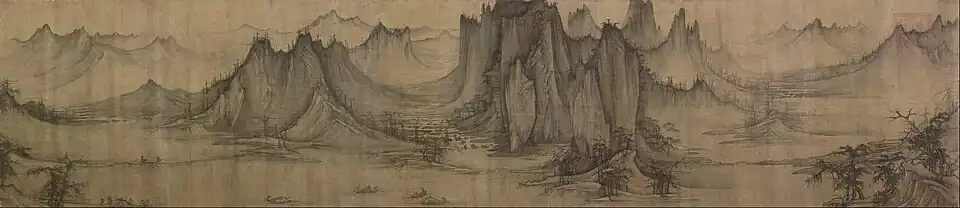 Visser op een bergstroom, handrol met gewassen inkt en kleur op zijde, collectie Nelson-Atkins Museum of Art