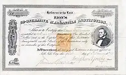 Aandeel van Zion's Co-Operative Mercantile Institution voor 100 dollar, uitgegeven op 1 februari 1873 in Salt Lake City, Utah Territory, oorspronkelijk ondertekend door Brigham Young als president