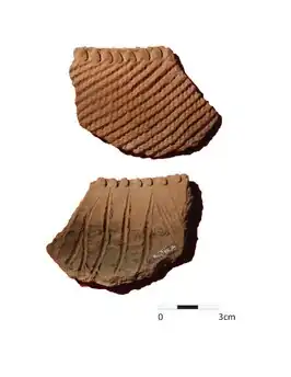 Klassiek-Nderit randscherf van de megalithische site Lothagam-noord, Noordwest-Kenia. De bovenste afbeelding toont het buitenoppervlak, de onderste afbeelding het binnenoppervlak.