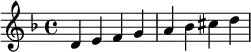  \relative c' { \clef treble\key d \minor d e f g | a bes cis d } 