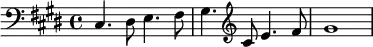 { \clef bass \key e \major \time 4/4 cis4. dis8 e4. fis8 gis4. \clef treble cis'8 e'4. fis'8 gis'1 }