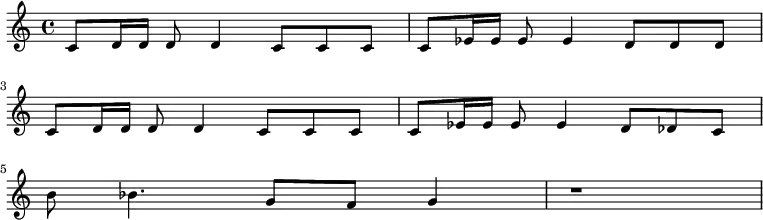 {c'8 d'16 d'16 d'8 d'4 c'8 c'8 c'8 c'8 es'16 es'16 es'8 es'4 d'8 d'8 d'8 \break 
 c'8 d'16 d'16 d'8 d'4 c'8 c'8 c'8 c'8 es'16 es'16 es'8 es'4 d'8 des'8 c'8 \break
 b'8 bes'4. g'8 f'8 g'4 r1}