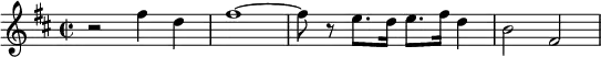 { \time 2/2 \key b \minor r2 fis''4 d''4 fis''1~fis''8 r8 e''8. d''16 e''8. fis''16 d''4 b'2 fis'2 }