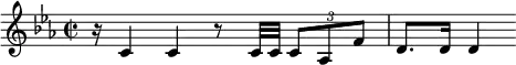 { \clef treble \key es \major \time 2/2 r16 c'4 c'4 r8 c'32 c'32 \times 2/3 {c'8 as f'} d'8. d'16 d'4 }