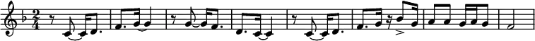 {\key f \major
 \time 2/4 r8 c'8~ c'16 d'8. f'8. g'16~ g'4 r8 g'8~ g'16 f'8. d'8. c'16~ c'4 r8 c'8~ c'16 d'8. f'8. g'16 r16 bes'8-> g'16 a'8 a' g'16 a'16 g'8 f'2}