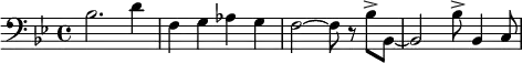 {\clef bass\key bes \major\time 4/4 bes2. d'4 f g as g f2~f8 r8 bes8-> bes,8~bes,2 bes8-> bes,4 c8 }